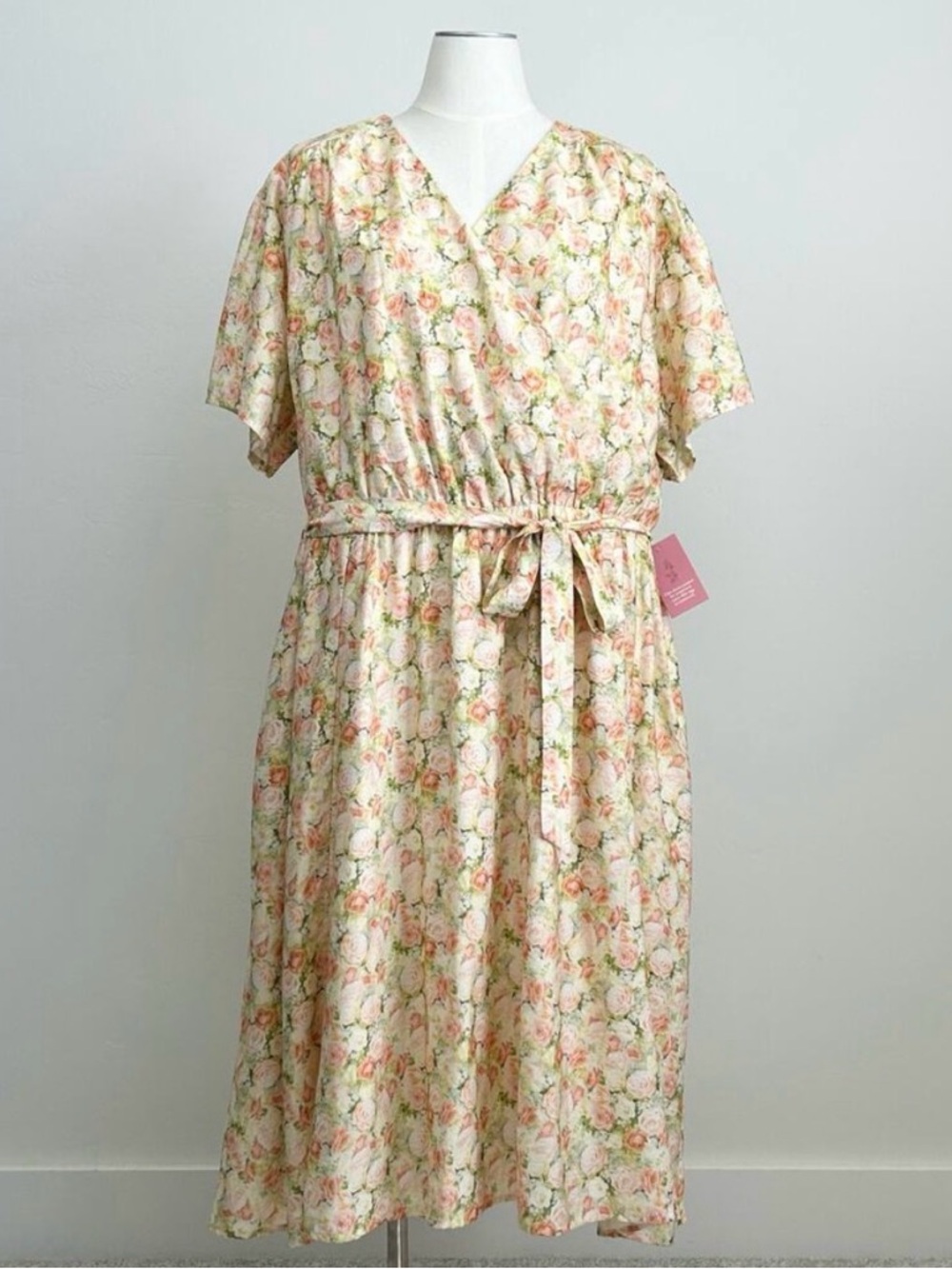 Ivy City Co. Yellow Pink Floral Rose Faux Wrap Short Sleeve Midi Lyra Dress NWT - Picture 13 of 13
